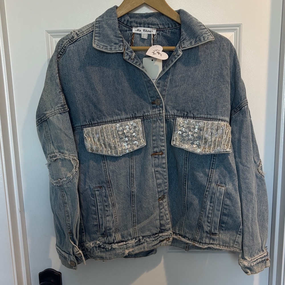 Embellished Blue Denim Jacket by Ma Cherie